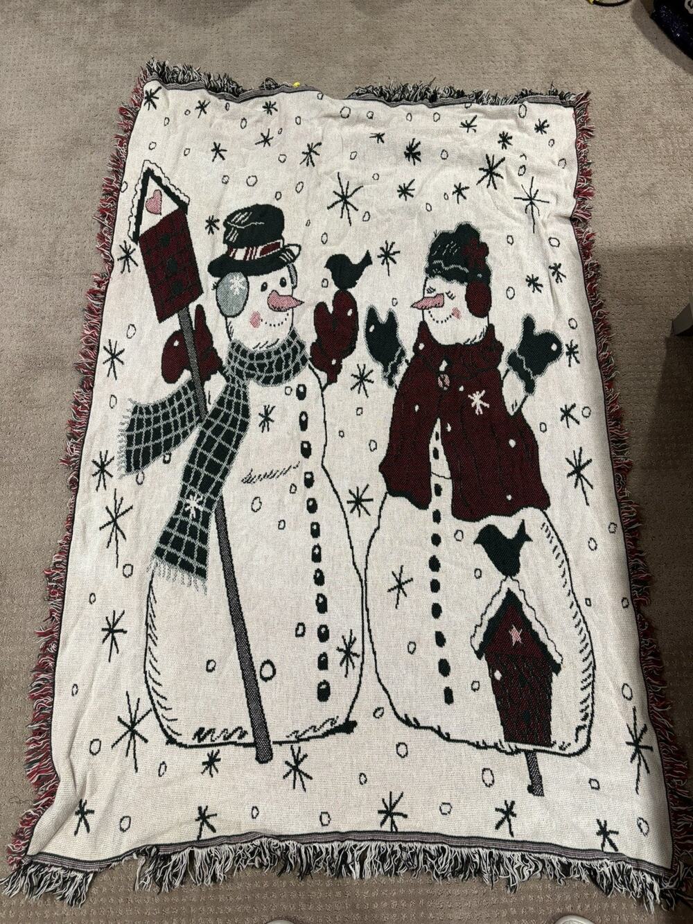 Vintage Christmas Snowman Woven Throw Blanket Reversible Fringe 64x42 Holiday